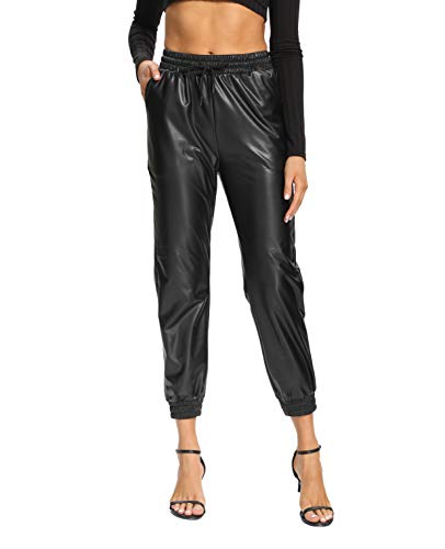 V VOCNI Women's Faux Leather Jogger Pants High Waist Drawstring Elastic Waist Winter Joggers Trousers Black X-Large