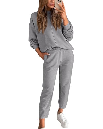 BTFBM 2024 Women 2 Piece Outfits Long Sleeve Pullover Jogger Pants Lounge Sets Thick Fall Winter Sweatsuits Tracksuit(Solid Grey, Large)