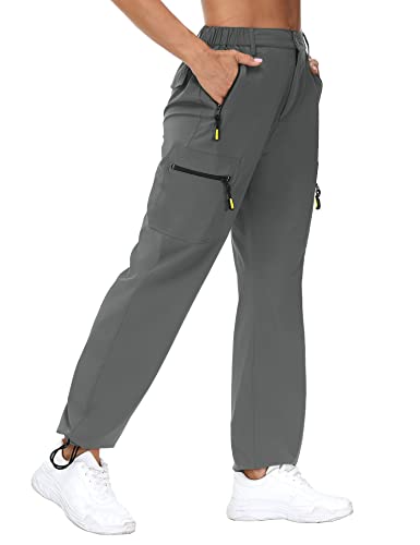VVK Women's Cargo Hiking Pants Elastic Waist Quick Dry Lightweight Outdoor Water Resistant UPF 50+ Long Pants Zipper Grey Small