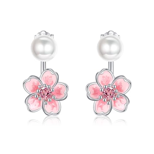 EXRANQO Cherry Blossom Earrings 925 Sterling Silver Pearl Pink Cherry Blossom Earrings Sakura Earrings Jewelry Flower Birthday Gifts for Girls Women