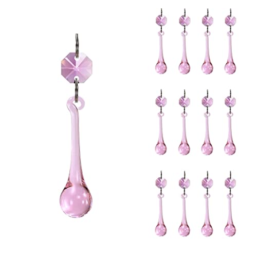 12pcs Raindrop Crystal Chandelier Prisms Parts, 53mm Hanging Crystals Beads for Chandeliers, Home Decoration (Pink)