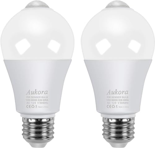 Aukora Motion Sensor Light Bulbs, 12W (100-Watt Equivalent) E26 Motion Activated Dusk to Dawn Security Bulb Outdoor/Indoor for Front Door Porch Garage Basement Hallway Closet(Cold White 2 Pack)