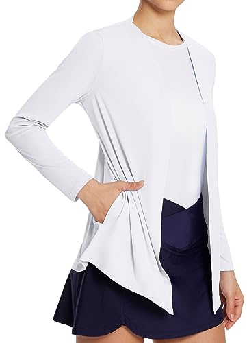 BALEAF Women's UPF 50+ Sun Shirts Long Sleeve UV Protection Cardigan with Pockets SPF Lightweight Quick Dry Rash Guard Swim Cover Up White S