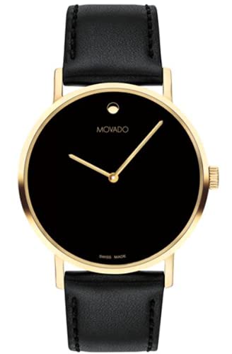 Movado Men's Signature Yellow Gold Watch with Concave Dot Museum Dial, Gold/Black Strap (Model 0607591)