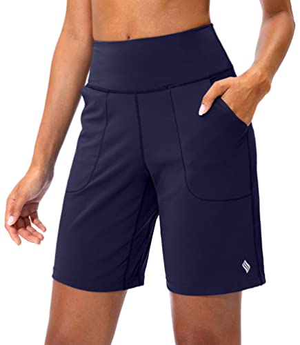 SANTINY Bermuda Shorts for Women with Zipper Pocket Womens High Waisted Long Shorts for Running Workout Athletic(Navy_XL)