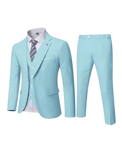 MYS Men's 3 Piece Slim Fit Suit Set, One Button Solid Jacket Vest Pants with Tie Sky