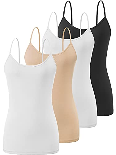 Air Curvey 4 Piece Camisole for Women Basic Cami Undershirt Adjustable Spaghetti Strap Tank Top Black White Nude White M