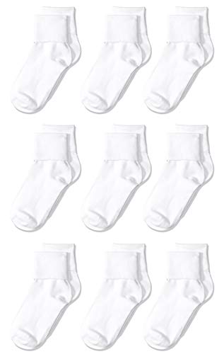 Amazon Essentials Girls' Cotton Uniform Turn Cuff Sock, 9 Pairs, White, Medium