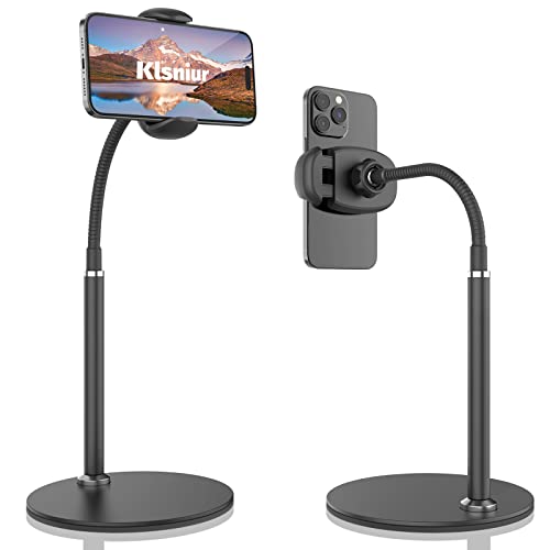 Cell Phone Stand, Adjustable Height & Angle Gooseneck Stand for Desk Flexible Arm Universal Holder, Aluminum Alloy Desktop Recording Compatible with 3.5'-7' Device (Black)