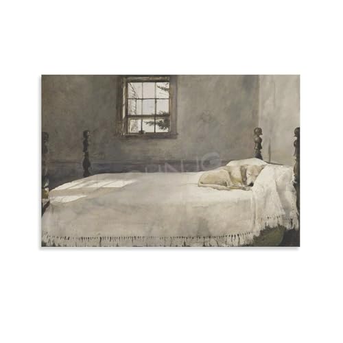 Master Bedroom by Andrew Wyeth Circa 1965 Dog Lying on Bed Scene Realistic Vintage Poster Canvas Painting Posters And Prints Wall Art Pictures for Living Room Bedroom Decor 20x30inch(50x75cm) Unframe