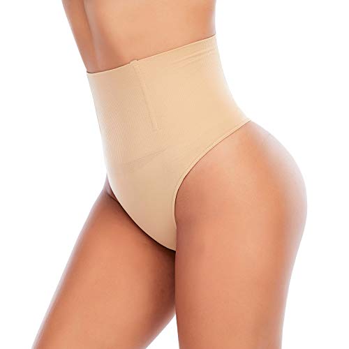 Werena Tummy Control Thong Shapewear for Women Seamless Shaping Thong Panties Body Shaper Underwear(01# Beige-mid Waisted(has Boning),Small)