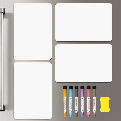 4 PCS Magnetic Dry Erase Board Sheet for Fridge, 12'x8' Erasable Refrigerator WhiteBoard w/ 6 Markers & 1 Eraser - Smooth and Flexible Small Magnet Blank Notepad for Home Kitchen Organizer and Planner