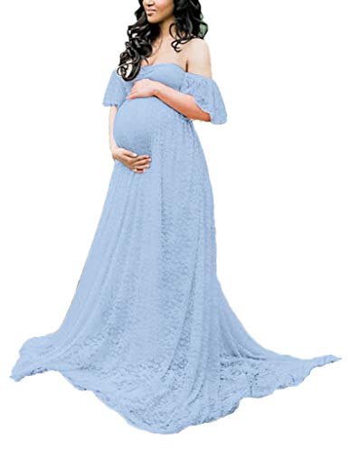 Maternity Photography Props Floral Lace Dress Fancy Pregnancy Gown for Baby Shower Photo Shoot (M, Light Blue)