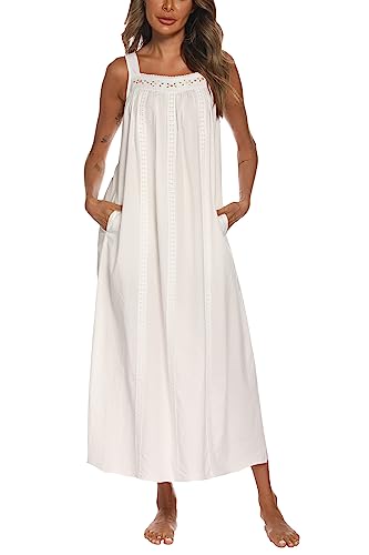 YOZLY Cotton Nightgowns for Women Embroidery Sleeveless Night Gown with Pockets, White, Large
