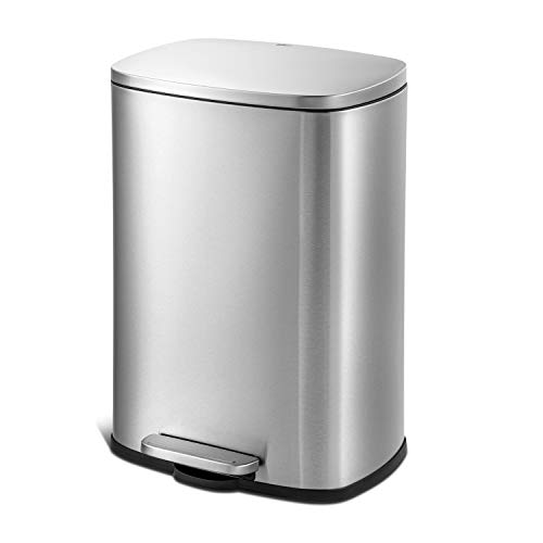 QUALIAZERO 50L/13Gal Heavy Duty Hands-Free Stainless Steel Commercial/Kitchen Step Trash Can, Fingerprint-Resistant Soft Close Lid Trashcan, Rectangle Shape