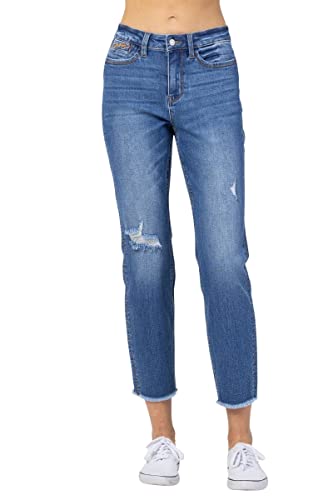 Judy Blue Women's High-Rise Howdy Embroidery Boyfriend Jeans with Side Seam Stitch (Medium Blue, 14W)