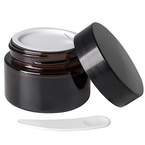 OverNews 1oz Amber Glass Jar, Empty Cosmetic Lotion Containers,with Inner Liners,Black Lid, Spatula