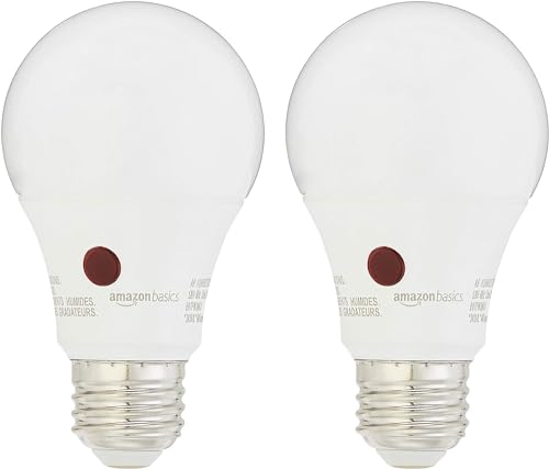 Amazon Basics A19 Dusk to Dawn Sensor LED Light Bulb, 60 Watt Equivalent, Energy Efficient 9W, E26 Standard Base, Soft White 2700K, Non-Dimmable, 10,000 Hour Lifetime , 2-Pack