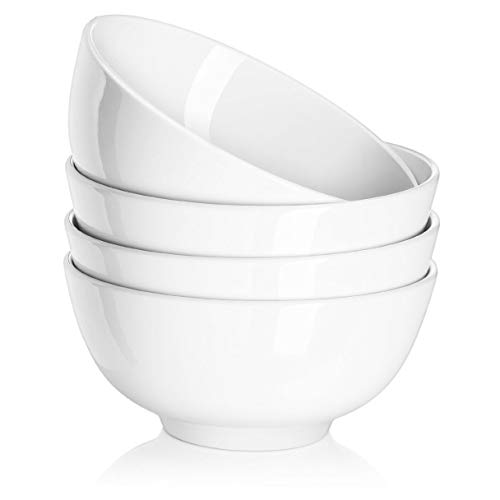 DOWAN 22 OZ Ceramic Soup Bowls & Cereal Bowls - 6' White Bowls Set of 4 for Soup, Cereal, Oatmeal, Fruit, Rice - Dishwasher & Microwave Safe