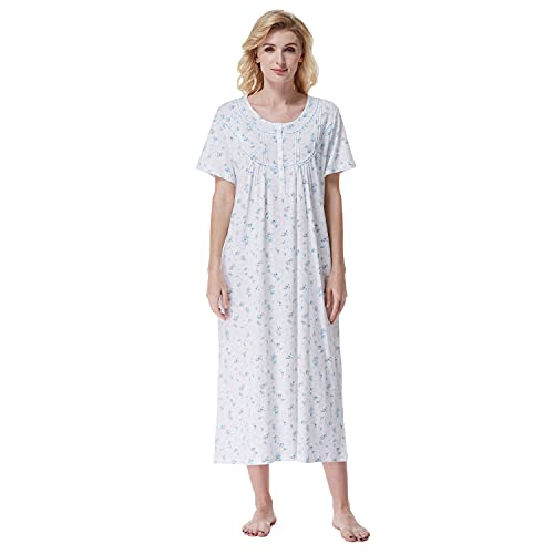 Keyocean Women Nightgown 100% Cotton, Soft Lightweight Lace Trim Short Sleeve Lounge-dress for Summer, Blue Floral, XX-Large