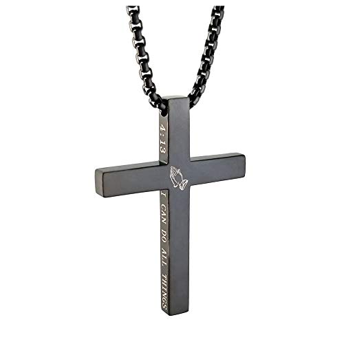 KouGeMou Cross Necklace Black Crucifix Bible Verse Jesus Cross Stainless Steel Catholic Pendant Jewelry with 23' Chain