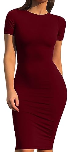 GOBLES Women's Short Sleeve Casual Bodycon Midi Elegant Cocktail Party Dress Wine Red