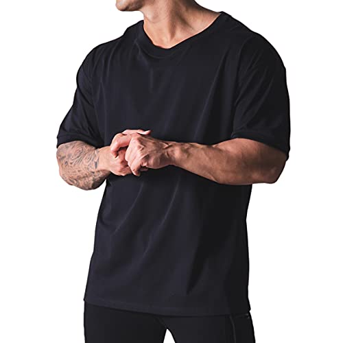 Magiftbox Men's Workout T-Shirt - Short Sleeve, Oversized, Hipster Gym & Hip-hop Style T44 - Black, US-L