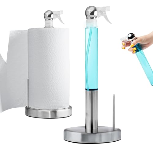 Everyday Solution Paper Towel Holder with 7oz Spray Bottle - Aesthetic Kitchen Countertop Sprayer with Paper Towel Holder and Hidden Spray Bottle - Nozzle Snap-Lock Spray - Rust-Resistant Steel Base