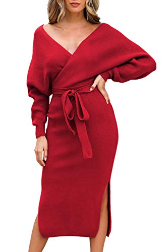 Women's Long Batwing Sleeve Backless V Neck Belted Bodycon Sweater Maxi Knit Dress Red S