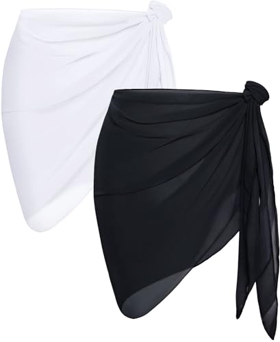 2 Pieces Sarong Cover Ups for Women Beach Bathing Suit Wrap Sheer Short Skirt Bikini Chiffon Scarf for Swimwear(Black and White)