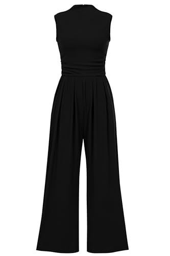 PRETTYGARDEN Womens Summer Jumpsuits Dressy Casual One Piece Outfits Sleeveless Mock Neck Wide Leg Pants Rompers with Pockets (Black,Medium)
