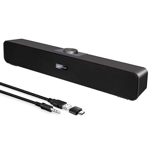 VOTNTUT Computer Speakers, Wired USB Mini Sound Bar Speaker for PC Tablets Laptop MP3 Mac Air/Pro (USB-C to USB Adapter Included) (Black)