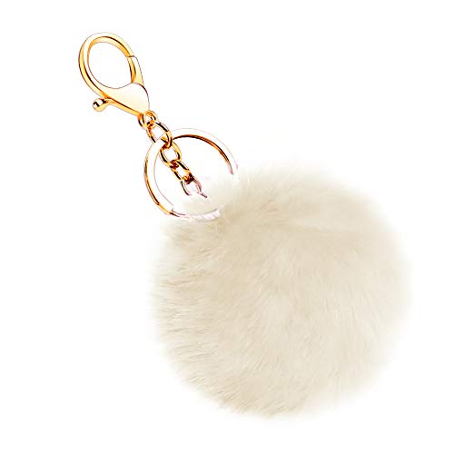 Soleebee Soft Artificial Rabbit Fur Keychain Plush Ball Key Ring Cute Pom Pom Bag Charm for Women Girls (Beige)