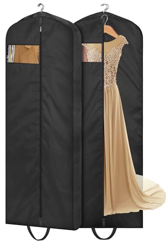 MISSLO 65' Long Garment Bags for Travel Dress Bags Wedding Dress Cover Waterproof Clothing Bags Storage Traveling Clothes Protector for Closet Wardrobe Bags 2 Packs for Gowns, Tuxedos, Coats, Black