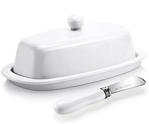 Yedio Ceramic Butter Dish with Lid and Knife for Countertop Refrigerator, 8 Inch White Butter Holder with Porcelain Cover Knob Handle , Perfect for East West Coast Butter Stick