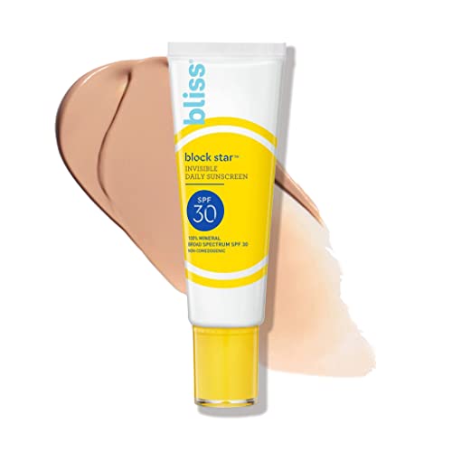 Bliss Block Star SPF 30 Invisible Daily Tinted Sunscreen with Zinc Oxide, Sunscreen & Makeup Primer - 100% Mineral Broad Spectrum Sunscreen with Titanium Dioxide and Antioxidant Blend,- 1.4 fl oz.