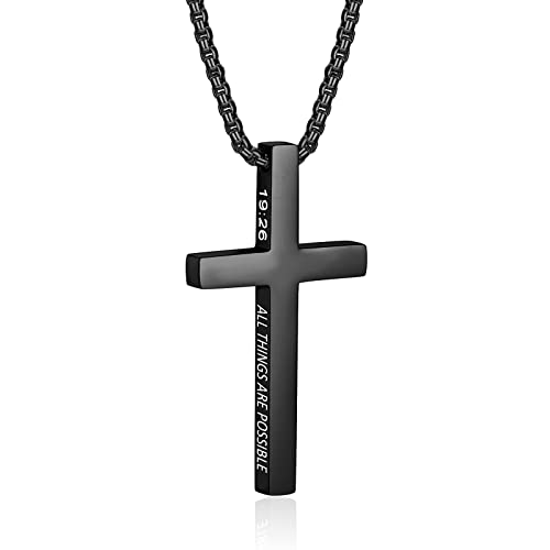 ZRAY Cross Necklace for Men Inspirational Bible Verse Cross Pendant Stainless Steel Cross Chain 22+2inch Christian Jewelry Meaningful Religious Gift for Boys(B-19：26)