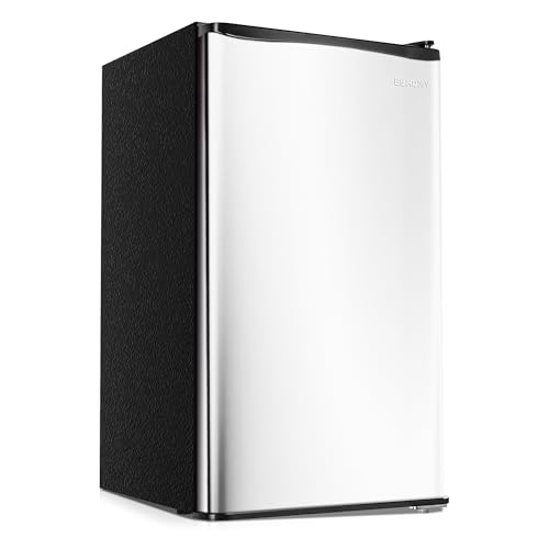 EUHOMY 3.2 Cu.Ft Mini Fridge with Freezer, Single Door Compact Refrigerator, LED light, Energy Saving, Mini Refrigerator Adjustable Thermostat, Mini fridge for Bedroom, Dorm, Office, Silver