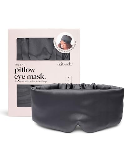 Kitsch Blackout Satin Sleep Mask, Softer Than Real Mulberry Silk Eye Cover, Soft Pressure Free Shade Blindfold for Puffy Eyes with Adjustable Straps, Weighted Eye Mask for Sleeping Women Men, Charcoal