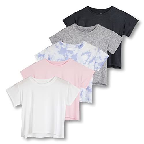 Real Essentials 5 Pack: Womens Crop Top High Waist Quick Dry Fit Active Wear Yoga Workout Athletic Running Gym Exercise Ladies Short Sleeve Crew Neck Moisture Wicking Tees T-Shirt Summer - Set 6, M