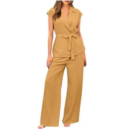 Fashion 2024 Summer 2 Piece Outfits Dressy Sets Sleeveless Lapel V Neck Belted Blazer Vest Wide Leg Pant Suits Women's 2 Piece Outfits 2024 Fall Casual Wrap Crop Blazers Jackets