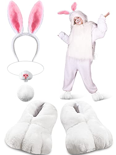 Giegxin 5 Pcs Adult Easter Bunny Costume White Rabbit Costume Bunny Shoes Rabbit Feet Ear Headband Nose Tail (Medium)
