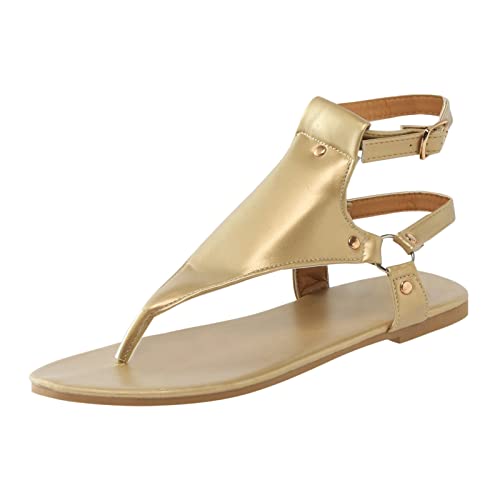 Women Leather Flats Sandal Summer Thong T-Strap Orthotic Shoe Strap Adjustable Buckle Slip On Flip Flops Sandals Gold, 6.5