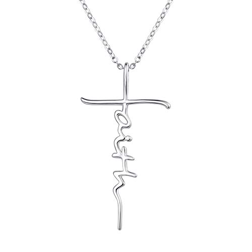 PRAYMOS Sterling Silver Faith Cross Necklace for Women Dainty Necklace Valentines Day Necklace Christian Religious Confirmation Jewelry Gifts for Women Valentines Day Gifts