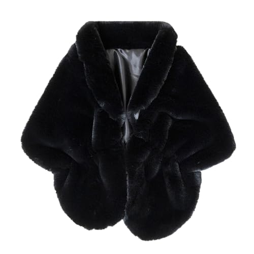 Fashowlife Faux Fur Cloak Shawl Fur Scarf Warm Wrap Stole Shrug Autumn Winter For Wedding Party (Black Shawl)