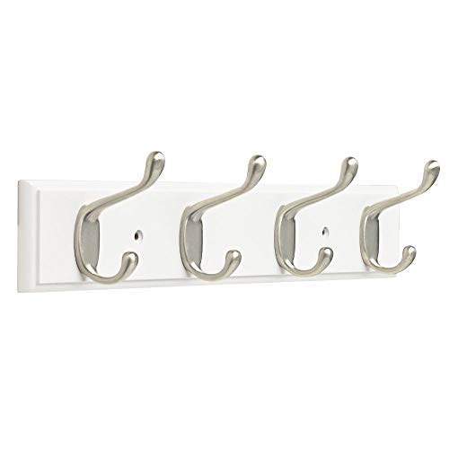 Franklin Brass Heavy Duty Coat and Hat Hook Rail Wall Hooks 4 , 16 Inches, White & Satin Nickel Finish, FBHDCH4-WSE-R