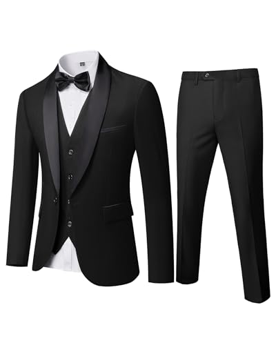 YND Men's 3 Piece Slim Fit Tuxedo Suit Set, One Button Shawl Collar Solid Business Blazer Jacket Vest Pants with Bow Tie, Black