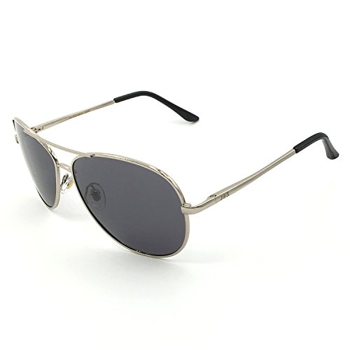 J+S Premium Military Style Classic Aviator Sunglasses, Polarized, 100% UV protection for Men Women (Medium Frame - Silver Frame/Gray Lens)