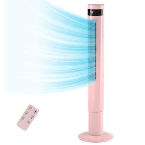 R.W.FLAME Tower Fan with Oscillation, Remote Control, 3 Wind Modes,Time Settings, Portable Bladeless Floor Fans for Home with Children/Pets/Elders(Pink, 43')