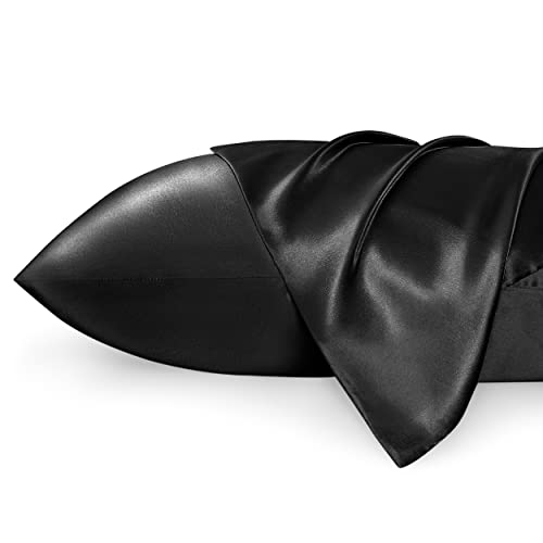 Bedsure Satin Pillowcases Standard Set of 2 - Black Silk Pillow Cases for Hair and Skin 20x26 inches, Satin Pillow Covers 2 Pack with Envelope Closure, Gifts for Women Men